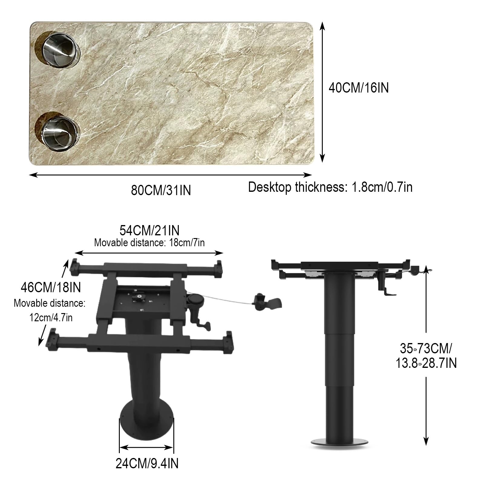 Tavolo Camper, Tavolo Barca Con Sollevamento Pneumatico, Piano In Legno Massello 40x80cm, Altezza 35-73cm