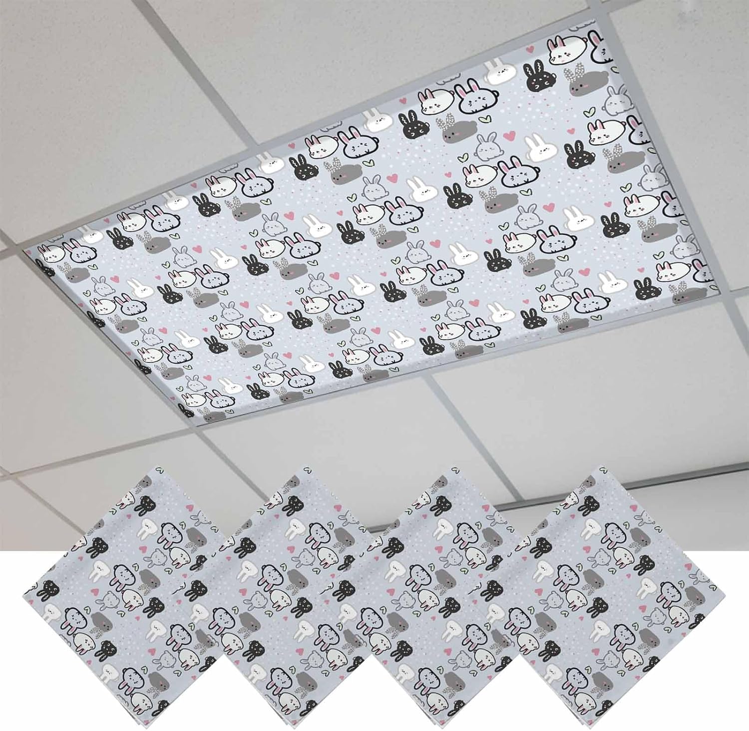 2x4 ft Fluorescent Light Cover for Ceiling Happy Easter Cartoon Rabbit Sketch Magnetic Light Filters, Cute Bunny Hearts on Blue Ceiling Lampshades for Home School Office 4Pcs