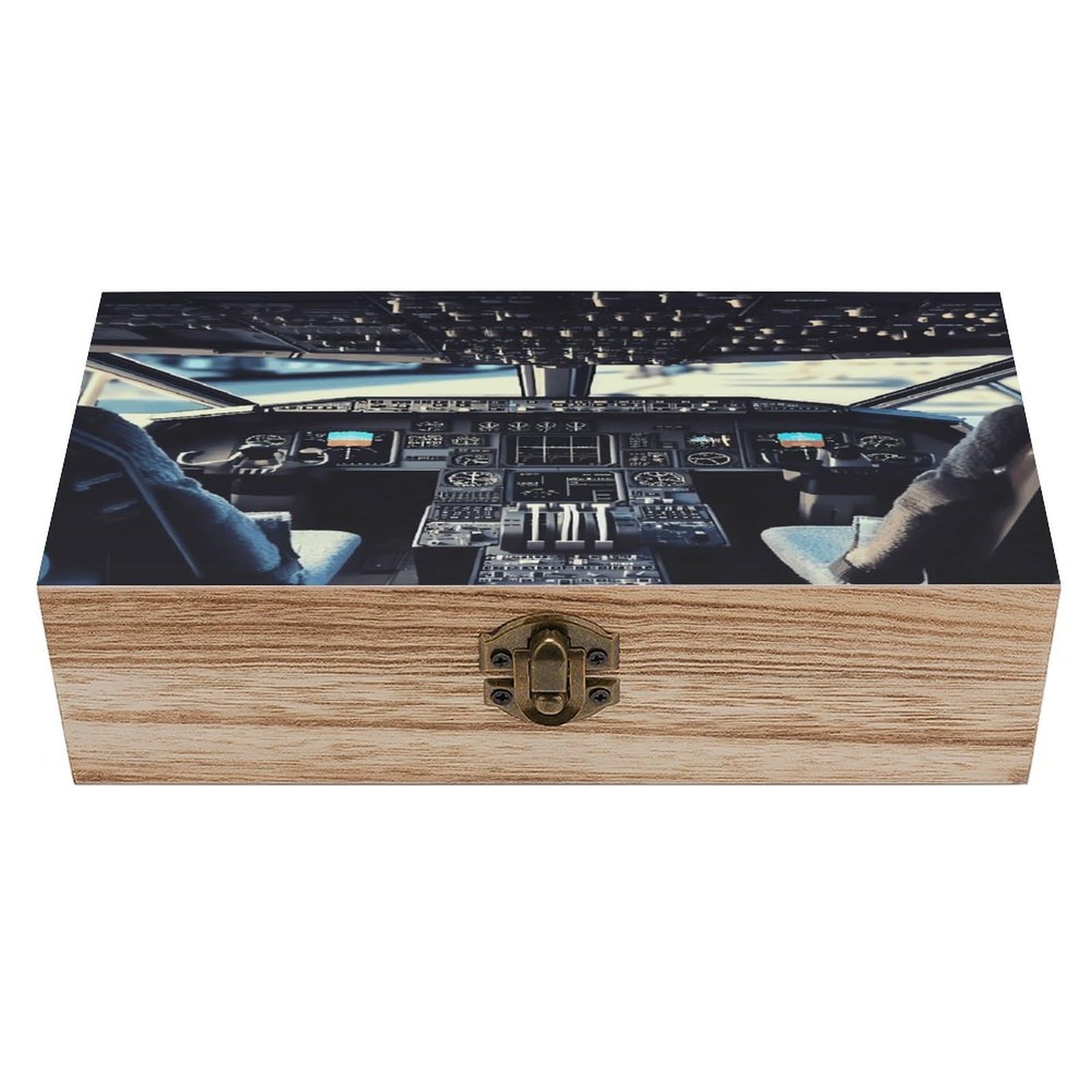 VstaDank Airplane Cockpit Wooden Storage Box Wooden Keepsake Box with A Hinged Lid Fashion Memory Treasure Boxes Decorative Jewelry Case for Crafts Photo Home Decor Wood Gift Box