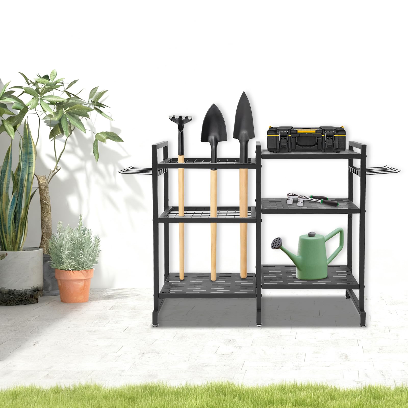 Organizador de herramientas de jardín de metal, estantería multiusos con gancho de almacenamiento, soporte estable para herramientas de jardín, para palas, rastrillos y accesorios, para garaje