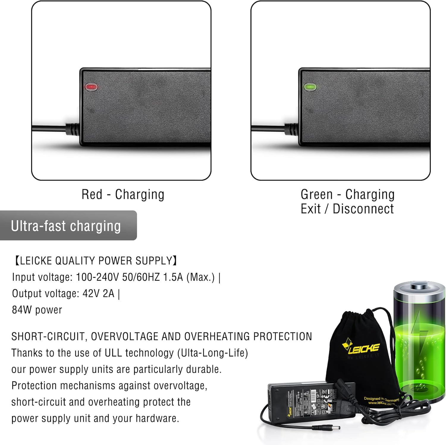 LEICKE 42V caricabatterie bici elettrica, certificato TÜV, adattatore AC per batterie agli ioni di litio da 36V, compatibile con scooter bilanciamento, bici iFold 20, XI300, Fiido D1, CMS F16 e-bike