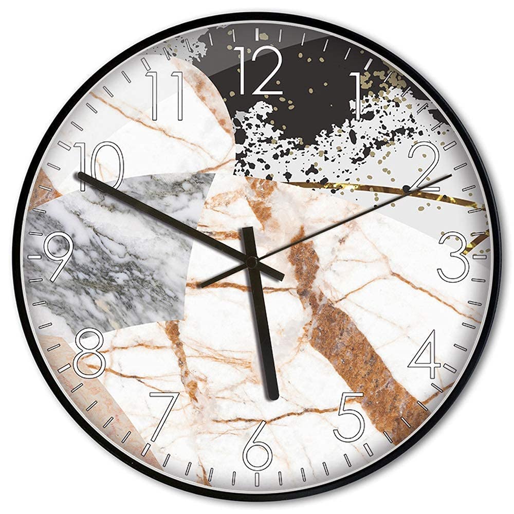 Horloge murale bordure en métal noir ronde motif marbre contemporain