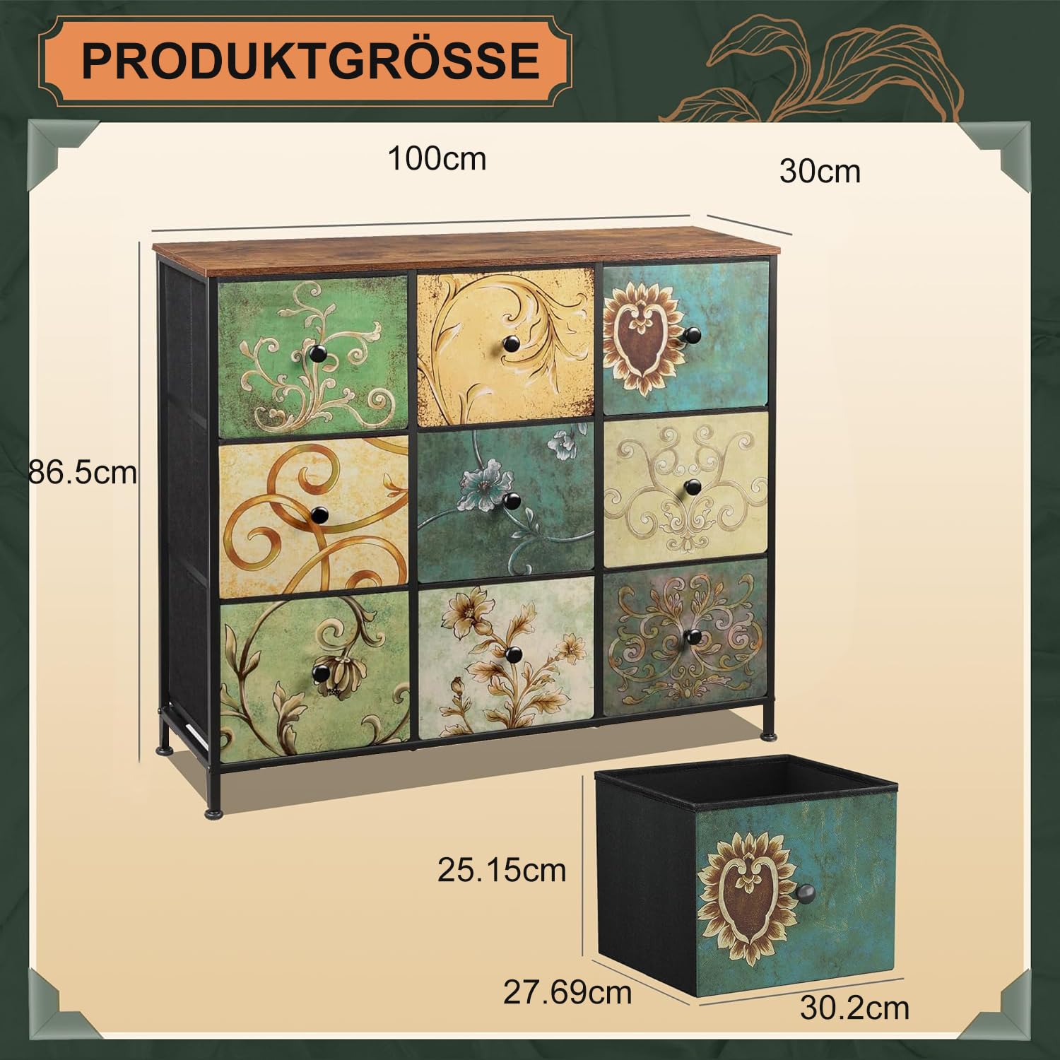Komody z 9 szufladami, metalowa rama, komoda w stylu vintage, komody do przechowywania z tkaniną, szufladą, komodą, organizer, konsola, stół do salonu, akademika, wejścia