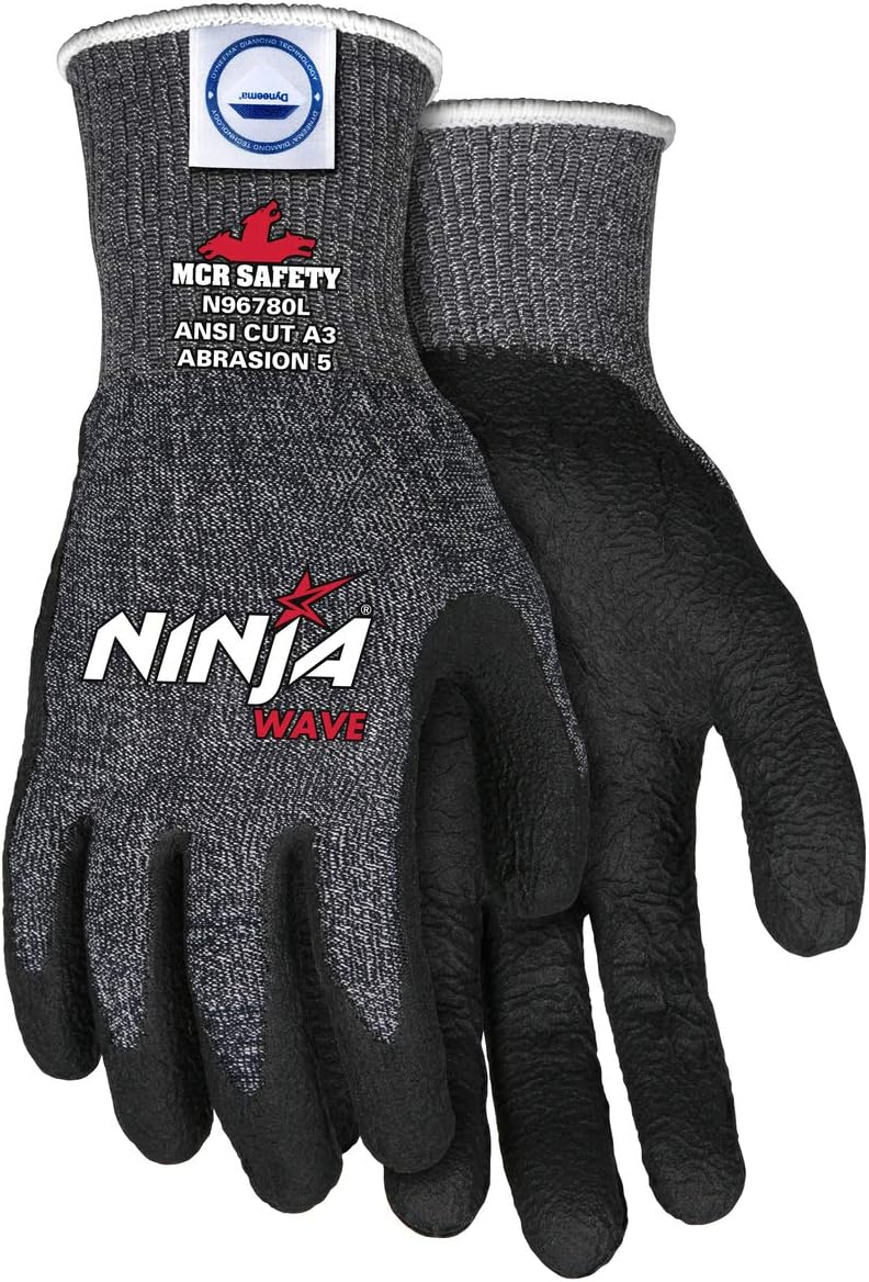 MCR Safety Ninja Wave N96780S Work Gloves, 13 Gauge Dyneema Diamond Technology Shell, Nitrile Wave Coated Palm & Fingertips for Cut and Abrasion Resistance, Cool Touch Comfort, Small, Black