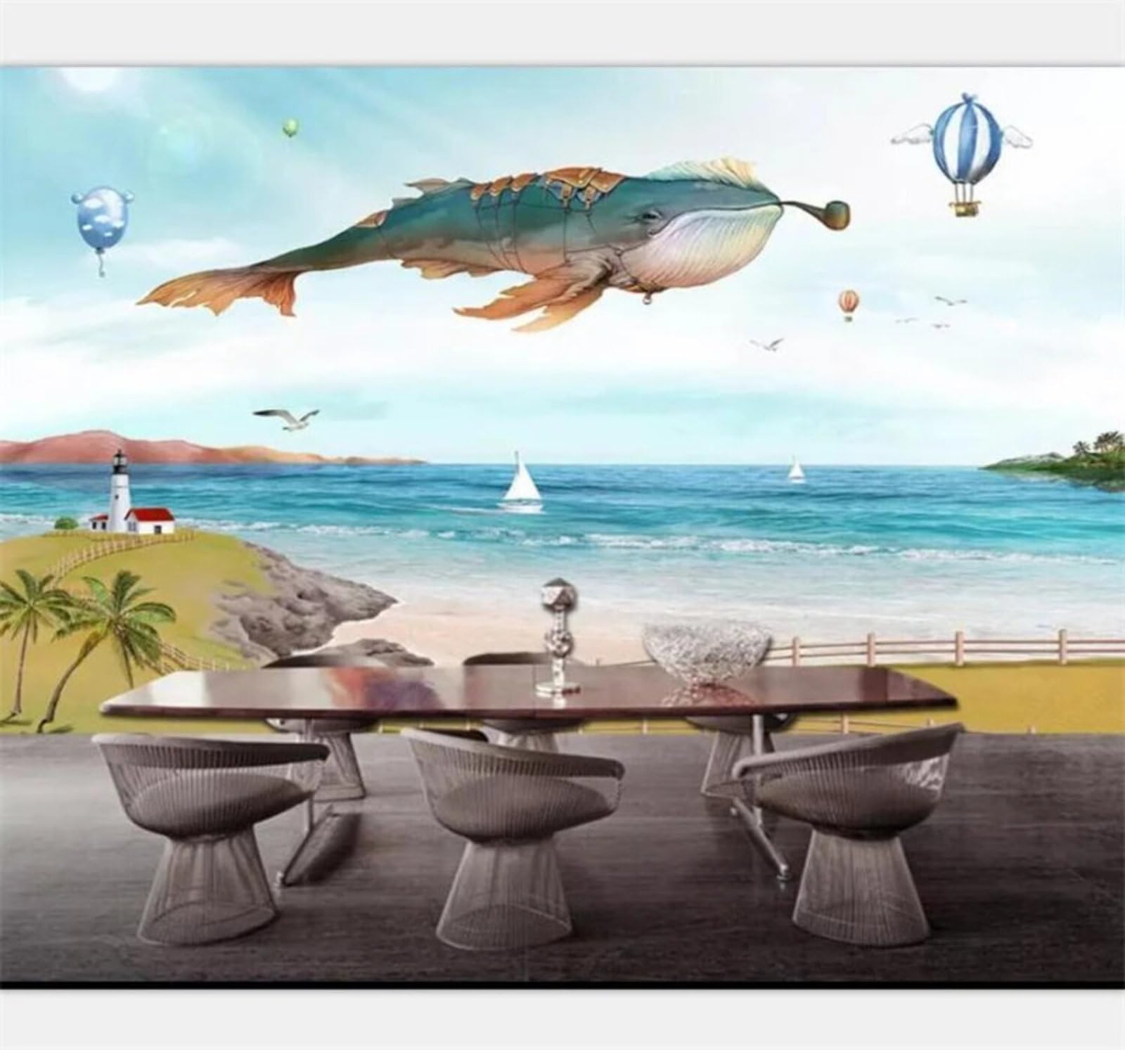 Xlming 350Cm×256Cm(B×H) Hand Drawn Cartoon Whale Hot Air Balloon Seascape 3D Wallpaper Luxury Silk Study Dining Feature Sofa Grey Bedroom Living Room Tv Decorative Wall-350Cm×256Cm
