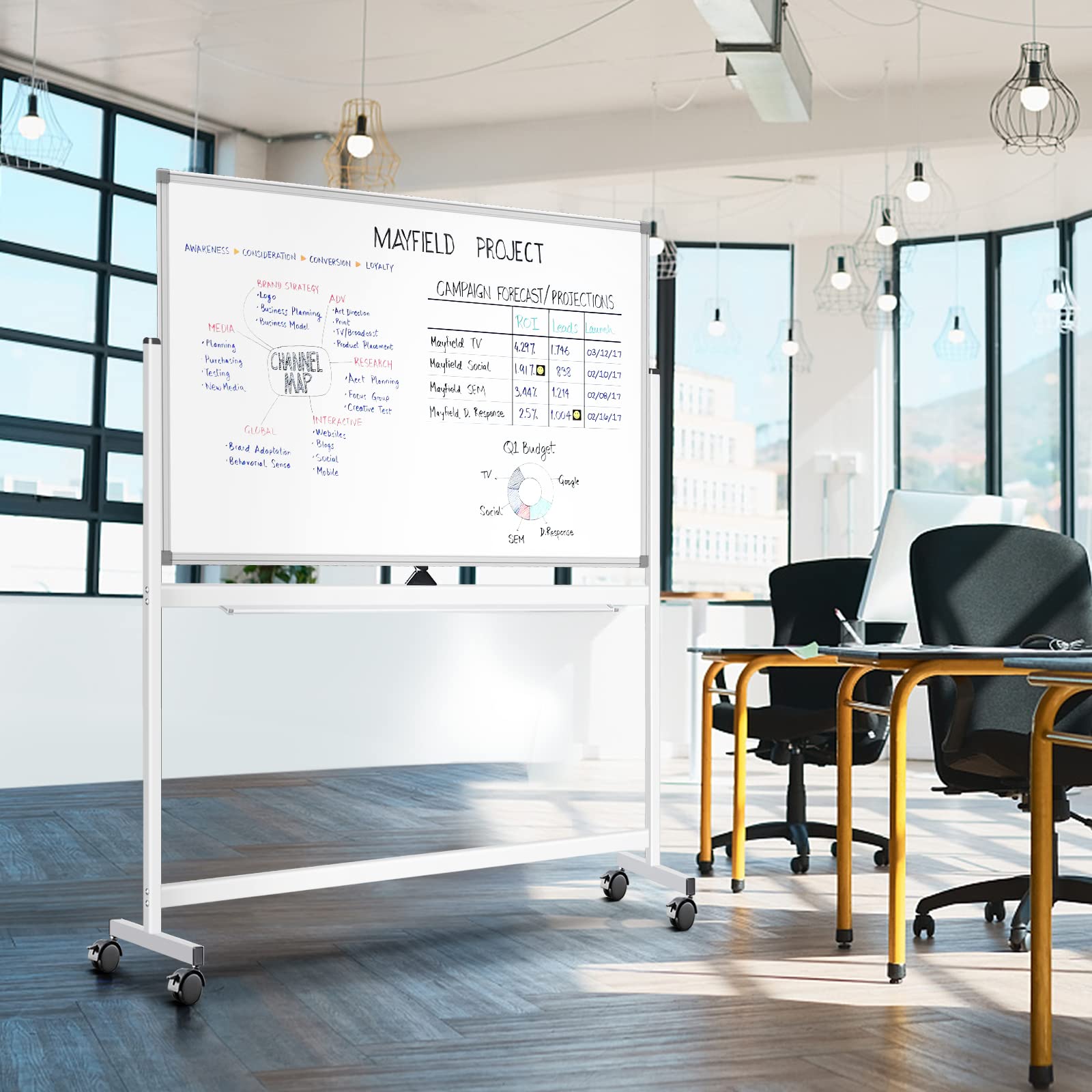 maxtek Mobiles Whiteboard, 120 x 80 cm Doppelseitiges Whiteboard mit Ständer, Magnetische, Aluminiumrahmen - mit Stifte, Schwämme, Magnete