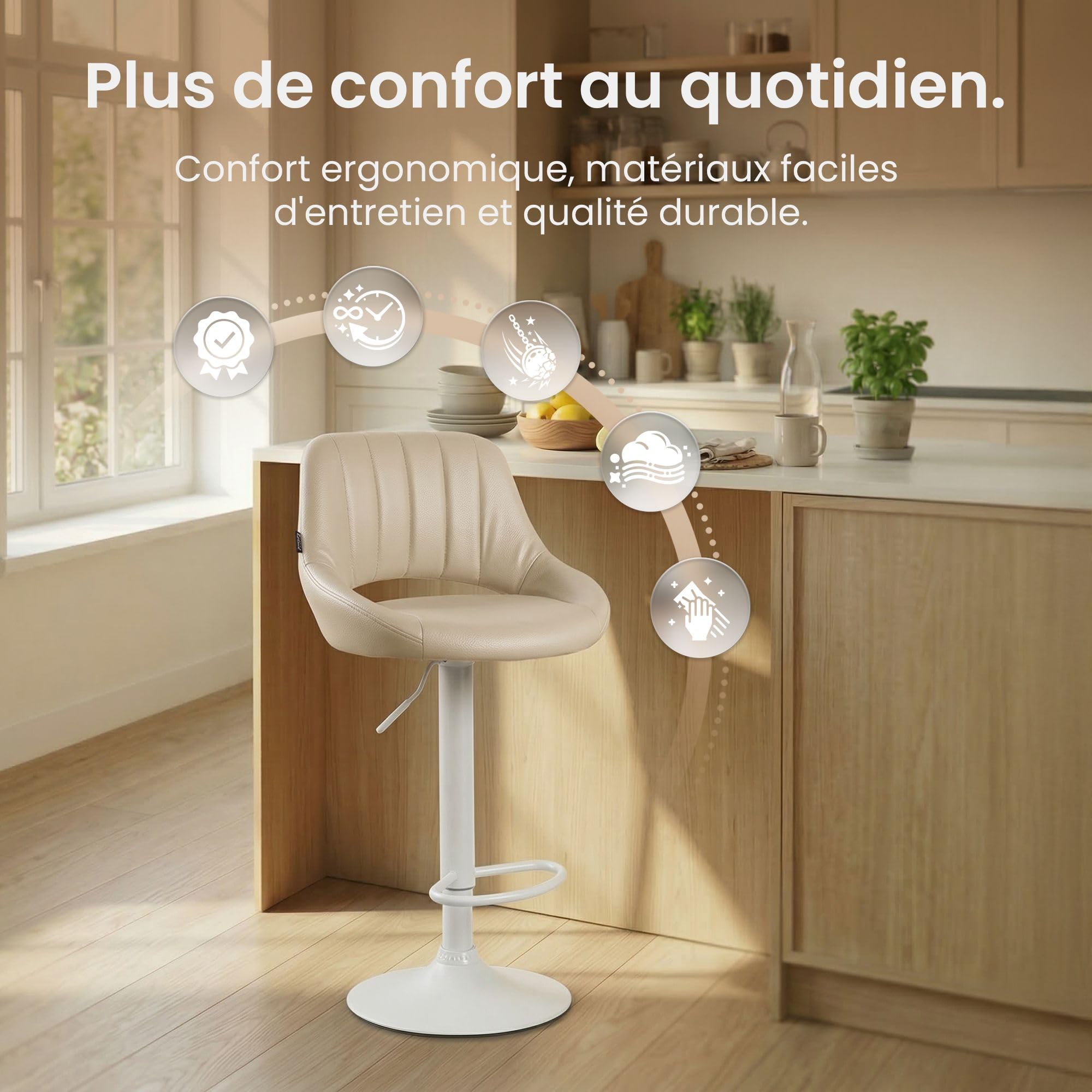 CLP Tabouret de Bar Milet reglable en Hauteur avec Dossier, Chaise de Bar rembourree en Similicuir, pivotante avec Structure en Metal | Couleur crème Couleur du Cadre Blanc
