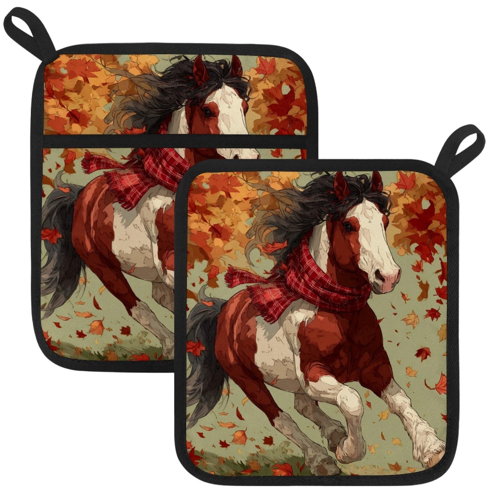 VAPOKF Maple Leaf Horse Pot Holders with Pocket for Kitchen Heat Resistant Potholders Large Polyester-Cotton Square Oven Mitts Set