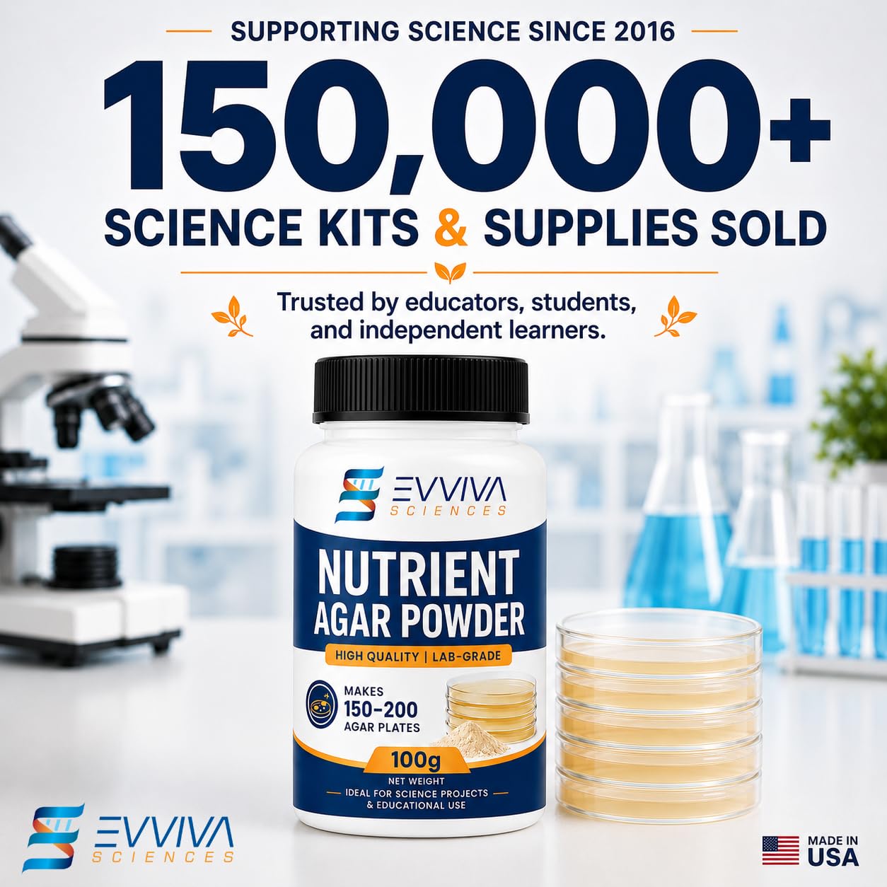 Evviva Sciences Nährstoffpulver 100 g – für über 150 bis 200 Agar Petrischalen – einfach zu bedienen – tolle wissenschaftliche Projekte – mit Experiment-Ebook