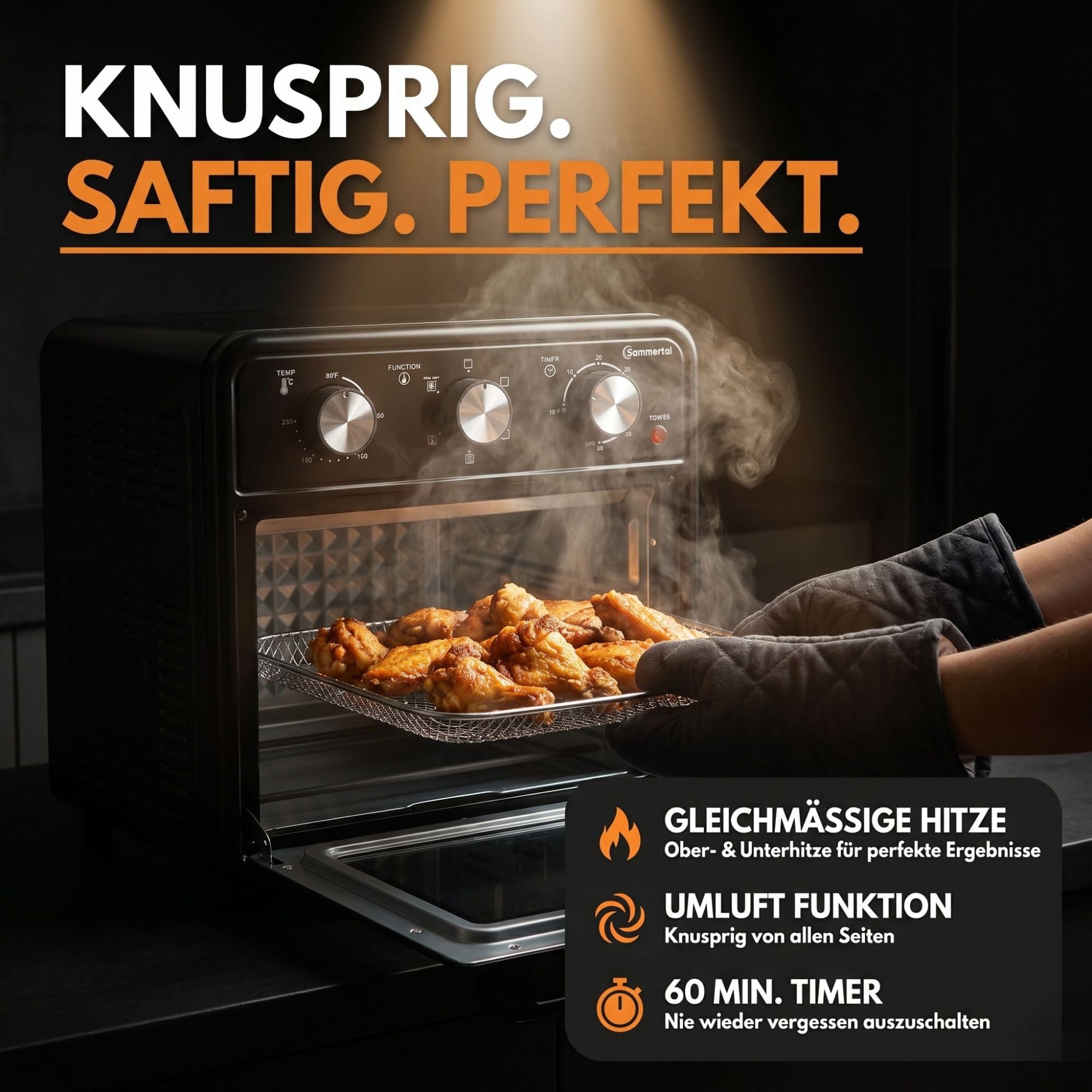 Sommertal Mini forno da 20 litri con convezione e friggitrice ad aria calda, mini forno da 1800 W per cuocere, grigliare e pizza, forno da tavolo piccolo con funzione Airfryer, 100 – 230 °C, timer da