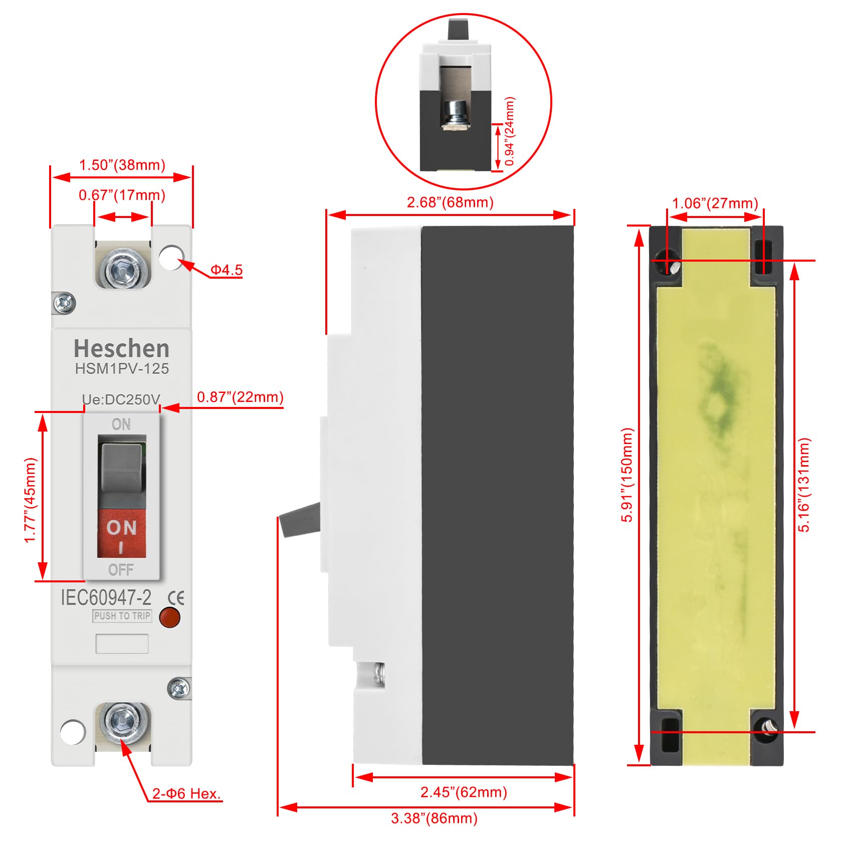 Heschen DC Molded Case Circuit Breaker MCCB, 1 Poles, DC 250V, Photovoltaic Circuit Breaker - Image 3