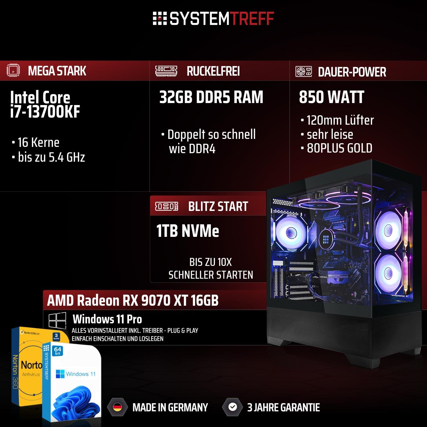 SYSTEMTREFF High-End Gaming PC - Intel Core i7-13700KF - RX 9070 XT 16GB