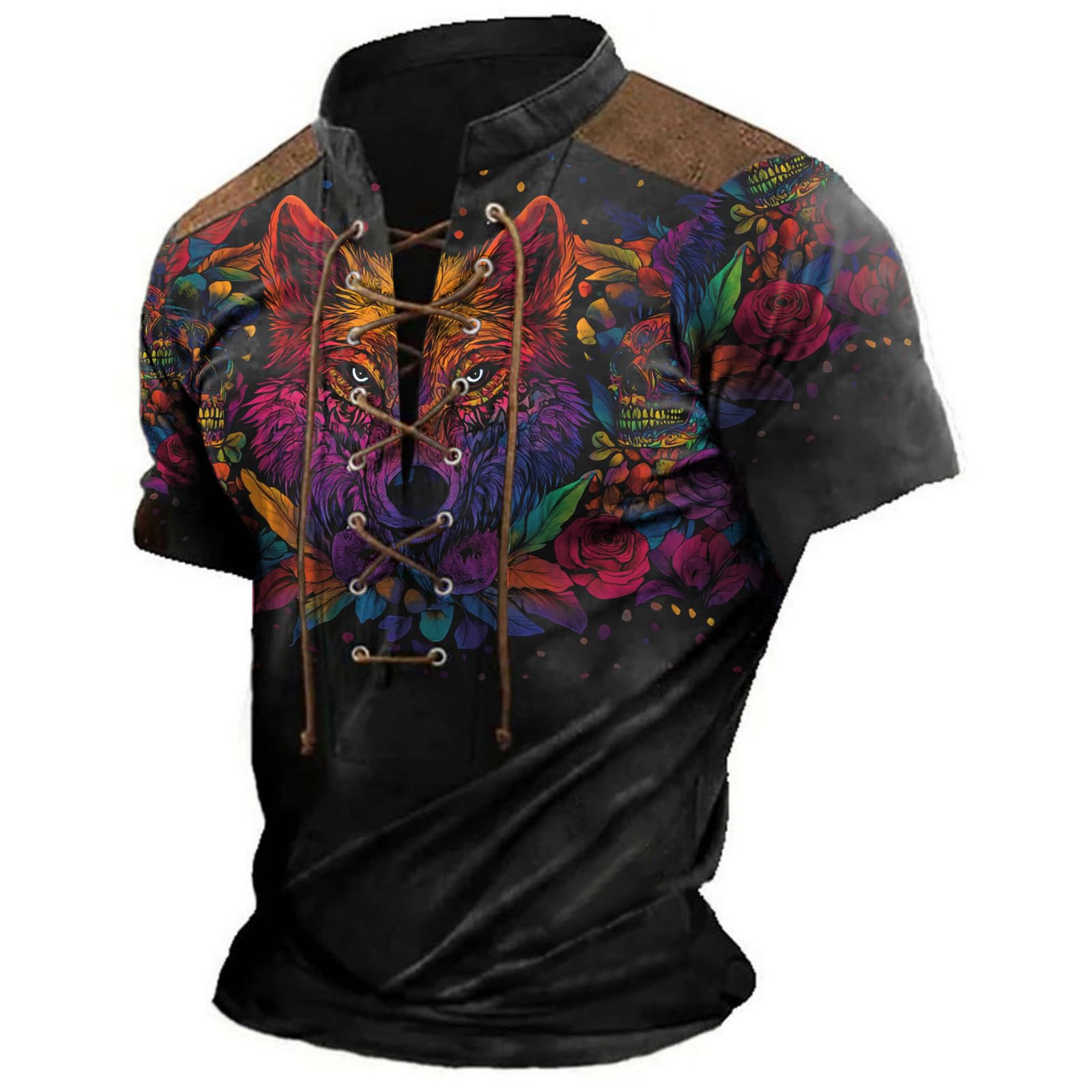 MARSVOVO Mens Tactical Shirt Lace Up Vintage Western Aztec Print Fashion Graphic Short Sleeve Outdoor Pullover Tops