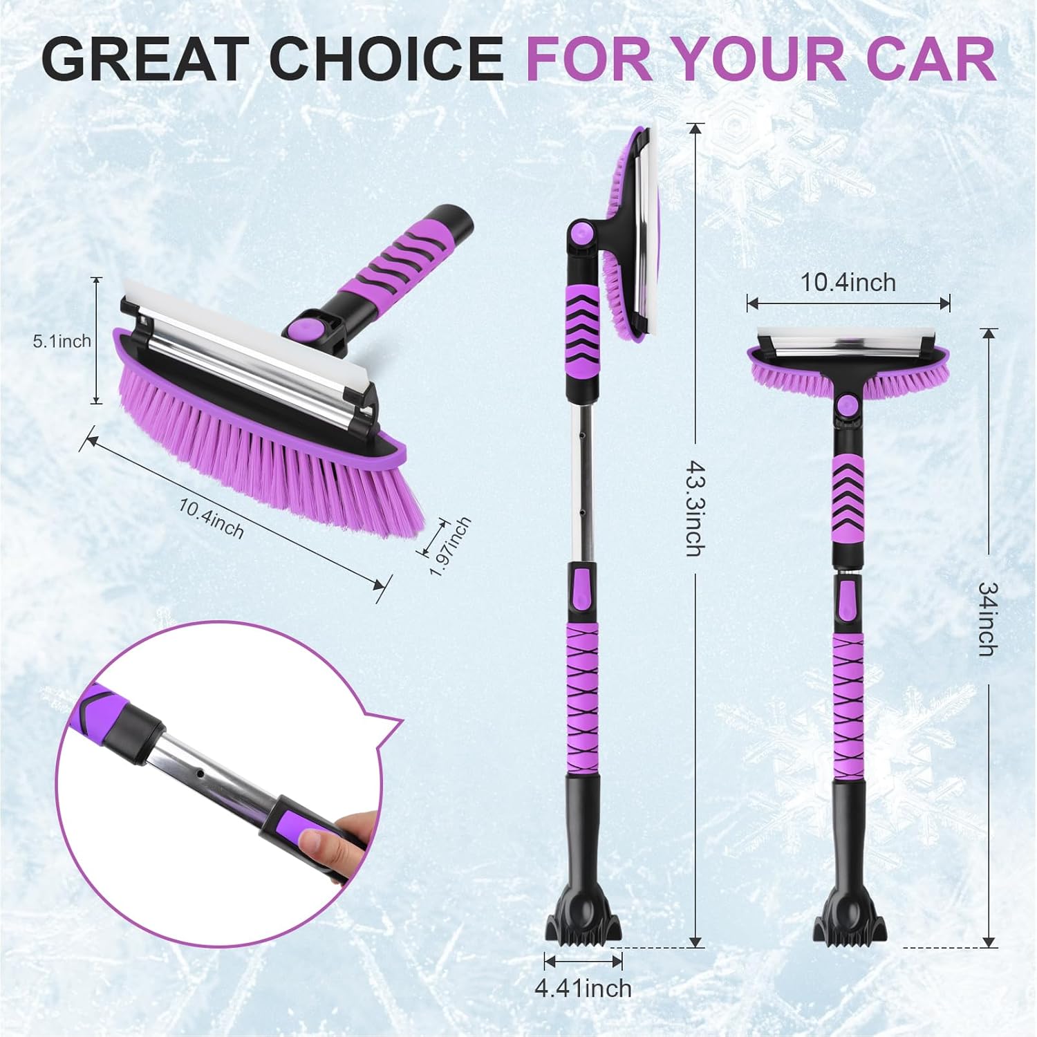 Yougfin 3 in 1 Snow Brush with Ice Scraper for Car Windshield Extendable 43 inch, SUV Snow Removal with Squeegee Heavy Duty, 180° Rotating Head, Green & Purple