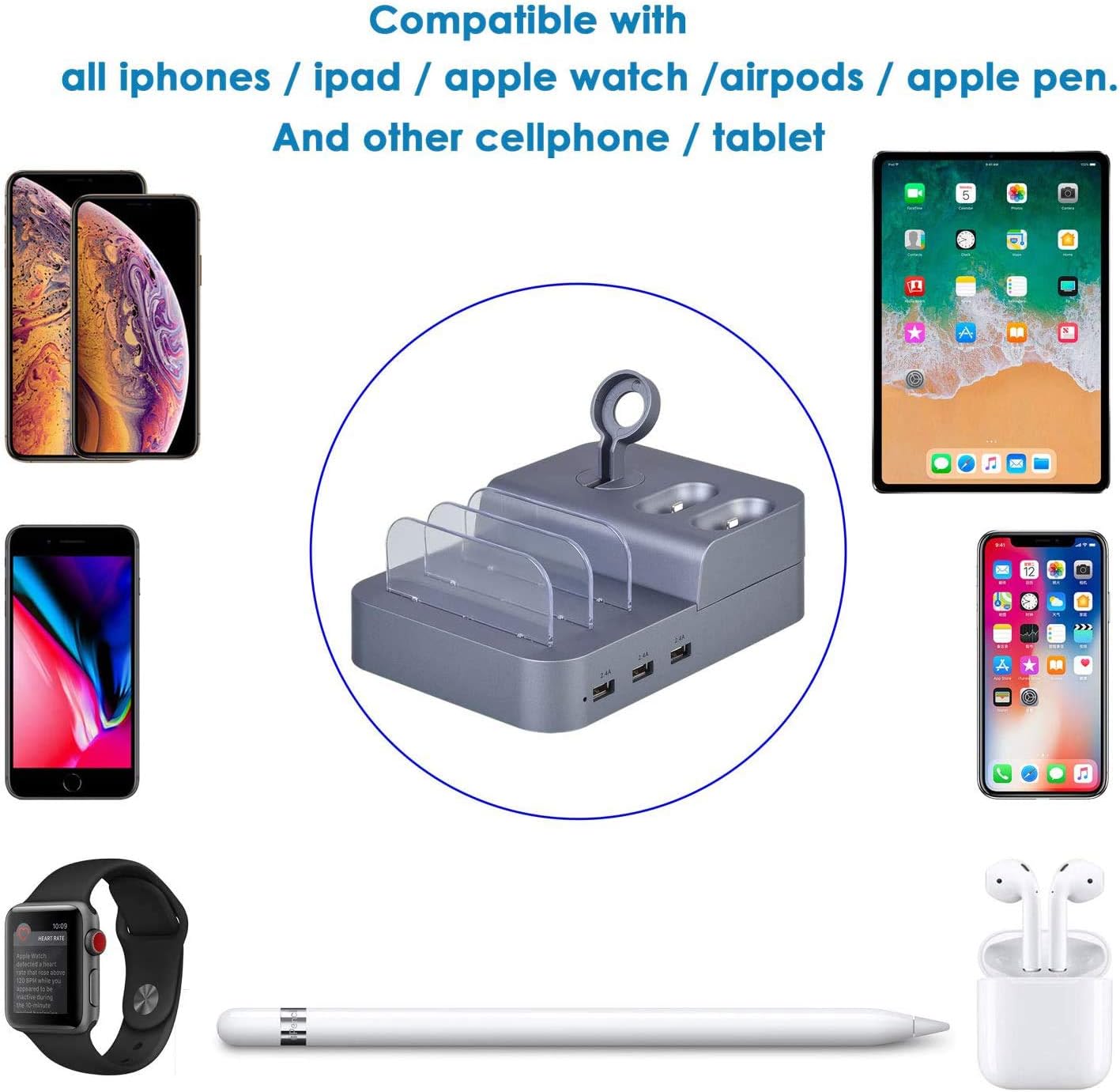 Best Deal Product KeyEntre 6 Port USB Charging Station for Multi Device USB Charging Dock Station HUB Desktop Charger Stand Organizer Compatible with iPhone iPad Cell Phone Tablets (Include 3 Short Cable)