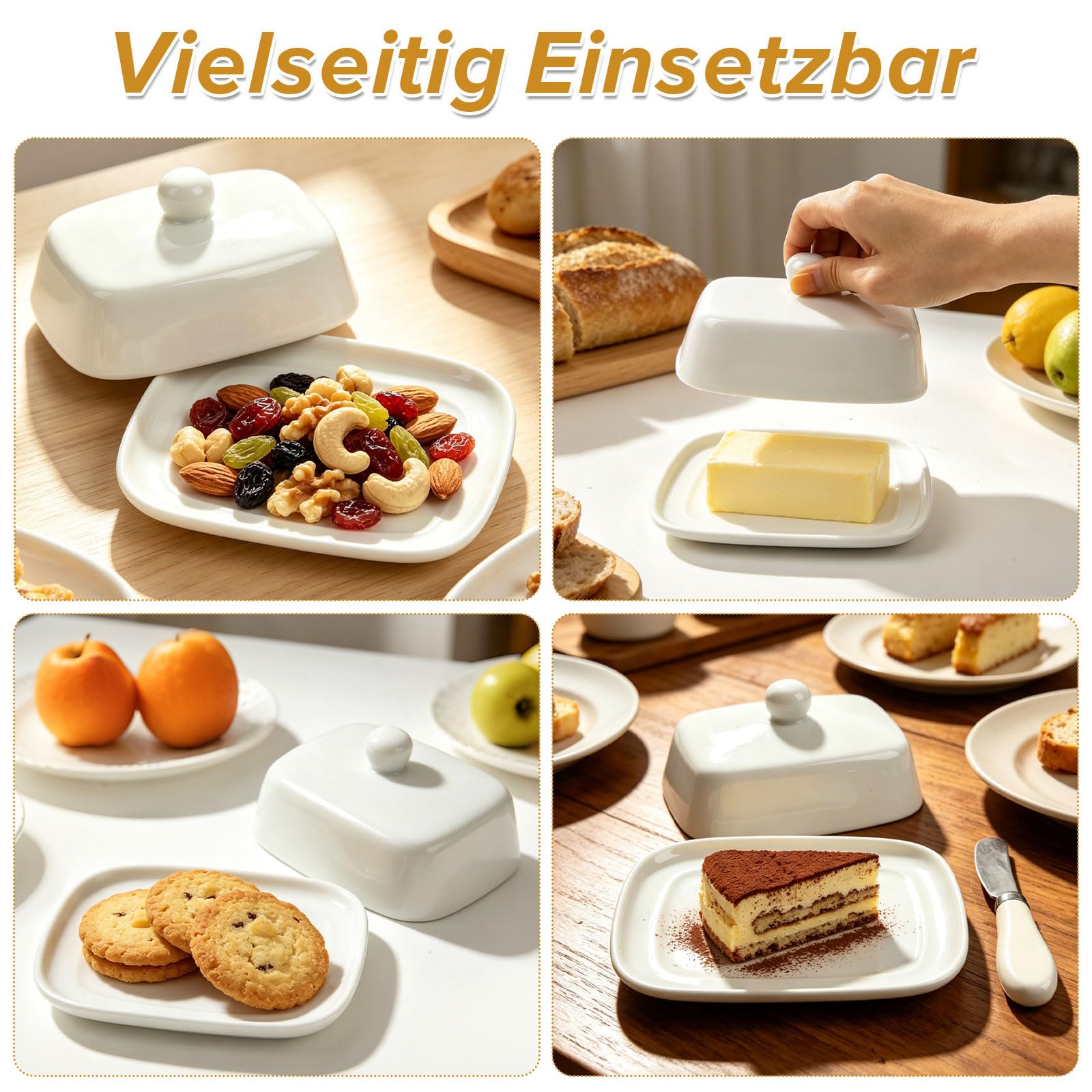 Butterdose Keramik mit Buttermesser– Weiße Porzellan Butterdose für 250g Butter, Mit Deckel für Frischehaltung