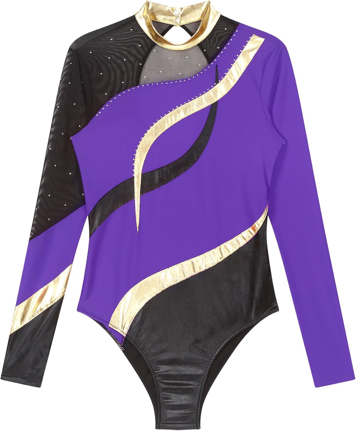 Freebily Womens Metallic Mock Neck Gymnastic Dance Leotard Rhinestone Ballet Dance Unitard Acrobatics Uniforms