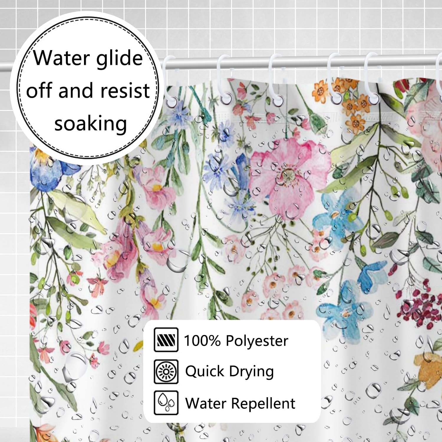 Spring Easter Bunny Shower Curtain Cute Rabbits Wildflowers Bathroom Curtain Set Watercolor Floral Farmhouse Polyester Fabric Bathtub Decor with 12 Hooks 72x72 Inches