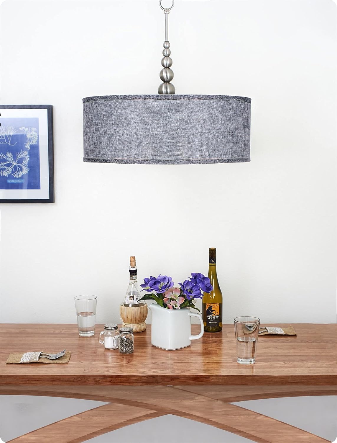 Super Big Clearance! Kira Home Adelade 22 Modern 3-Light Drum Pendant Chandelier, Gray Fabric Shade, Tempered Glass Diffuser, Adjustable Height, Brushed Nickel Finish