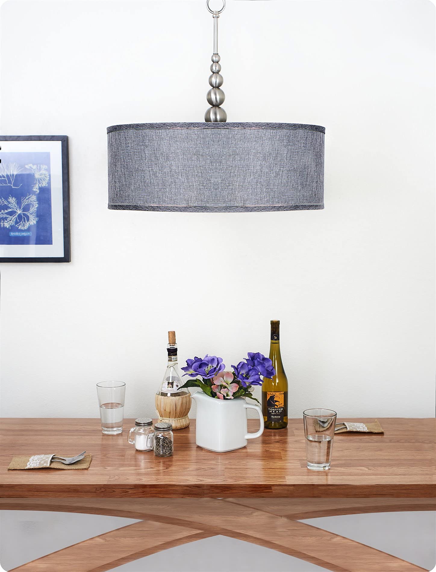 Kira Home Adelade 22" Modern 3-Light Drum Pendant Chandelier, Gray Fabric Shade, Tempered Glass Diffuser, Adjustable Height, Brushed Nickel Finish