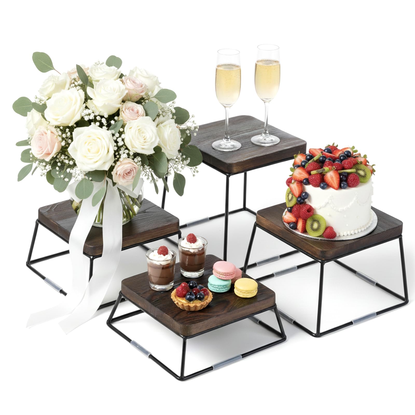 MyGift Dessert Table Display Set, 4pcs Food Risers, Brown Wood Buffet Risers, Pizza Stand with Matte Black Metal Wire Base, Dessert Display Stands