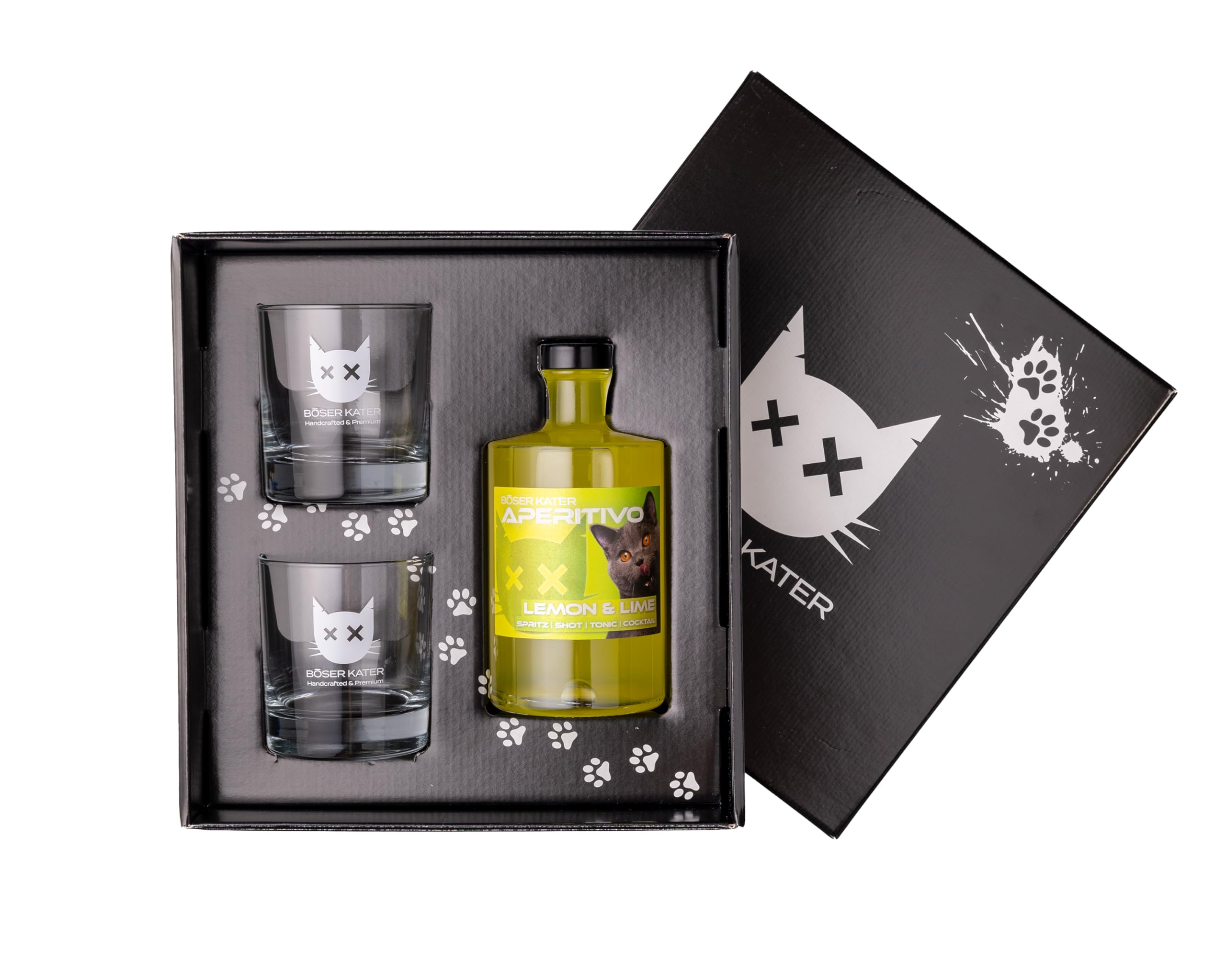 BÖSER KATER Lemon & Lime Aperitivo Geschenkset mit 2 Gläsern | Frucht Likör | Zitronen Limetten Geschmack | Zitrus Aperitif | Ideal als Spritz oder Tonic Cocktail | Geschenkidee | 0,5l 15% Vol.