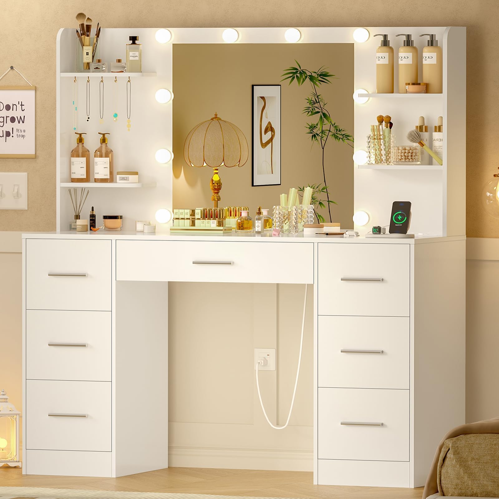 TEENFON Toeletta Trucco con Luci, Led Regolabili, 3 Colori Regolabili, Toletta con Grande Specchio,Presa,Bianco, 7 Cassetti, 4 Ripiani Aperti e 5 Ganci per Gioielli per la Camera da Letto