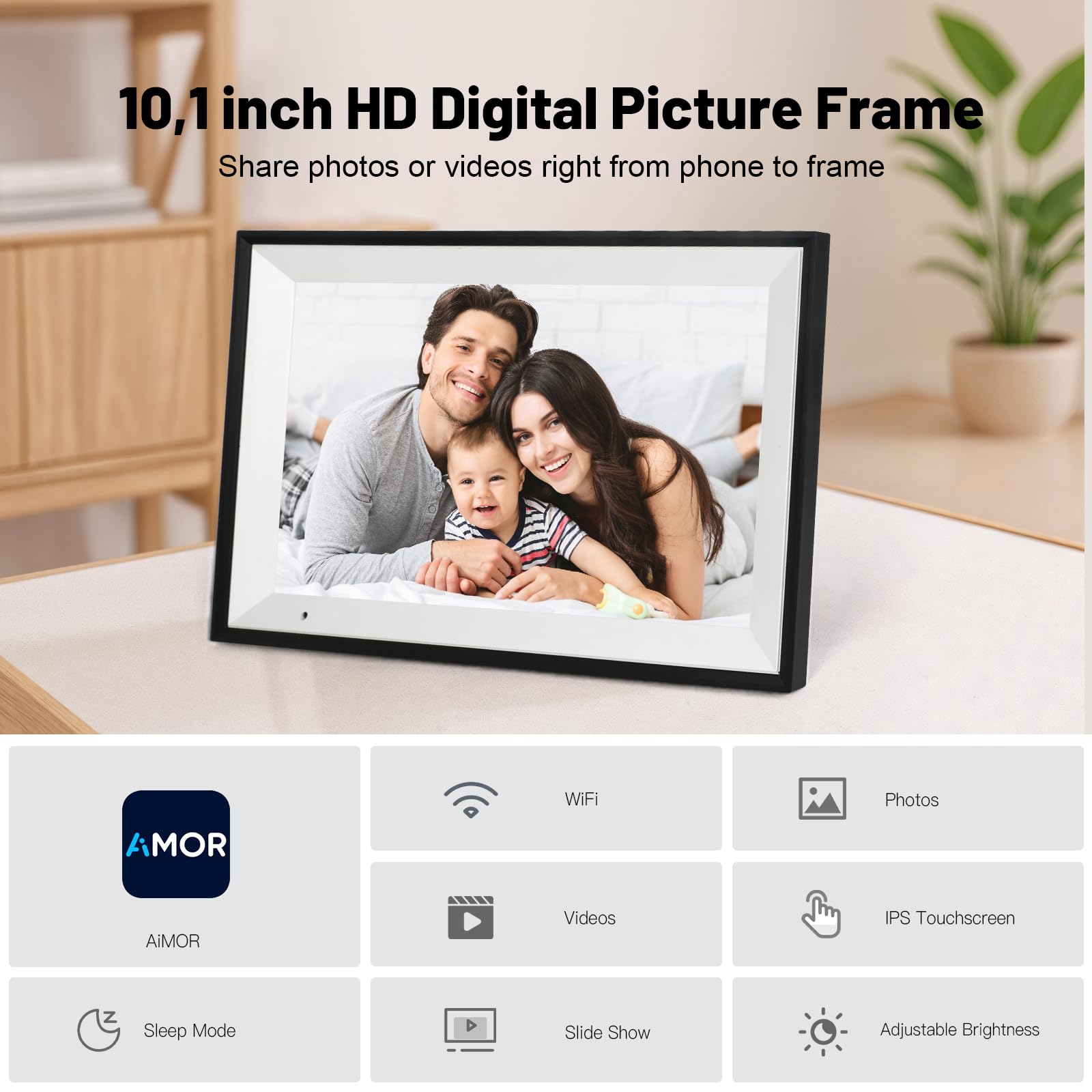 Marco de Fotos Digital con WiFi, 10,1 Pulgadas, 1280×800P, Rotación Automática, 32 GB, Marco de Fotos Digital Que Permite Compartir Fotos de Forma Fácil e Instantánea con la Aplicación AiMOR