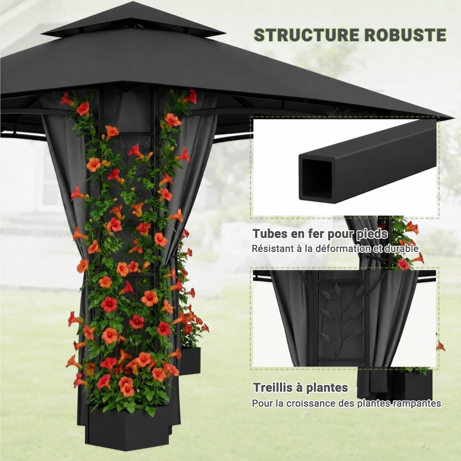 JUMMICO Garden Gazebo 3.3 x 3.3 m Iron with Flower Box, 4 Sidewalls, Stable, Wind and Weather Resistant – Metal Structure, Garden Furniture