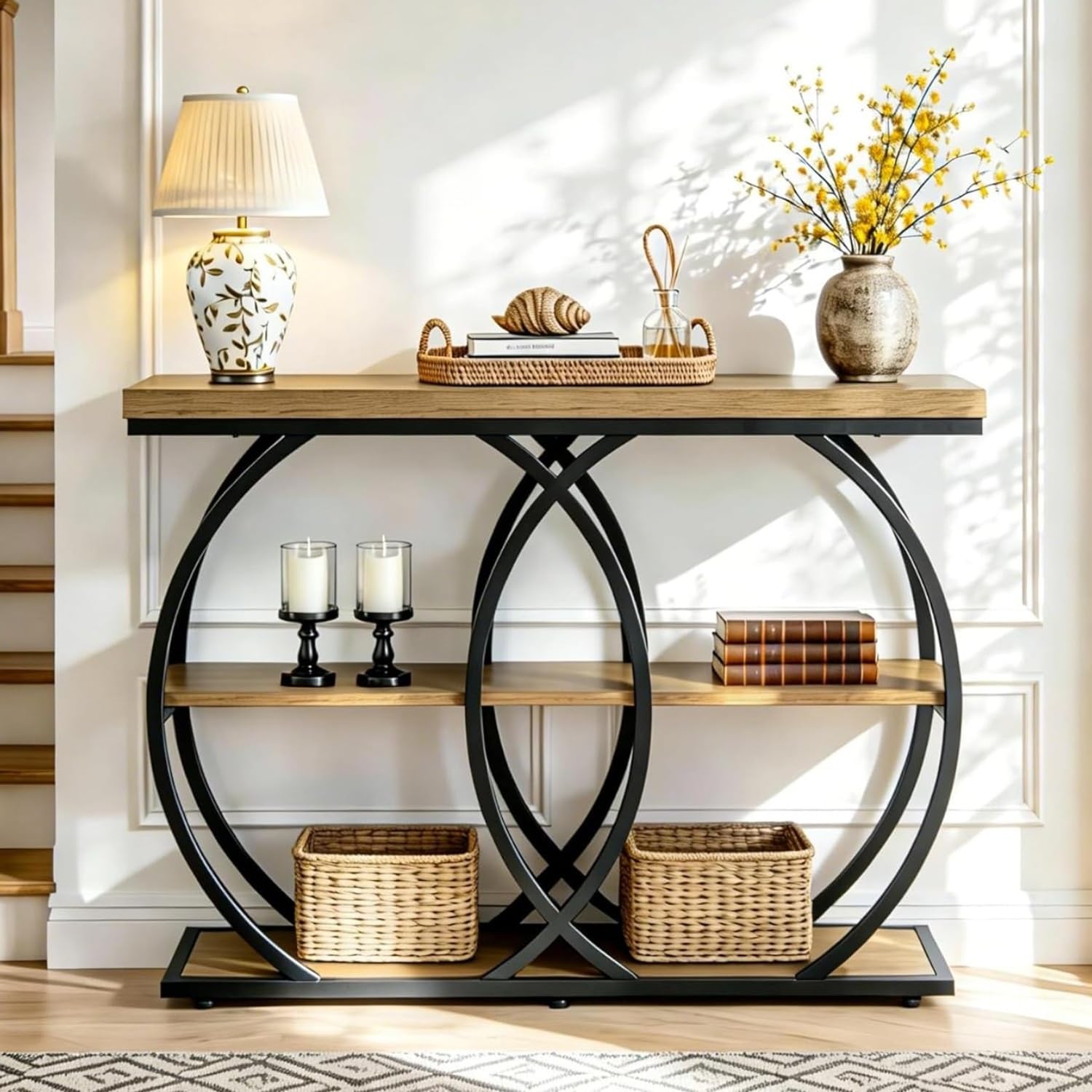 Tribesigns Mesa Consola Industrial 105 cm, Estantería de Entrada de 3 Niveles con Marco de Metal, Mesa Auxiliar Estrecha para Salón, Recibidor y Pasillo, Marrón Rústico