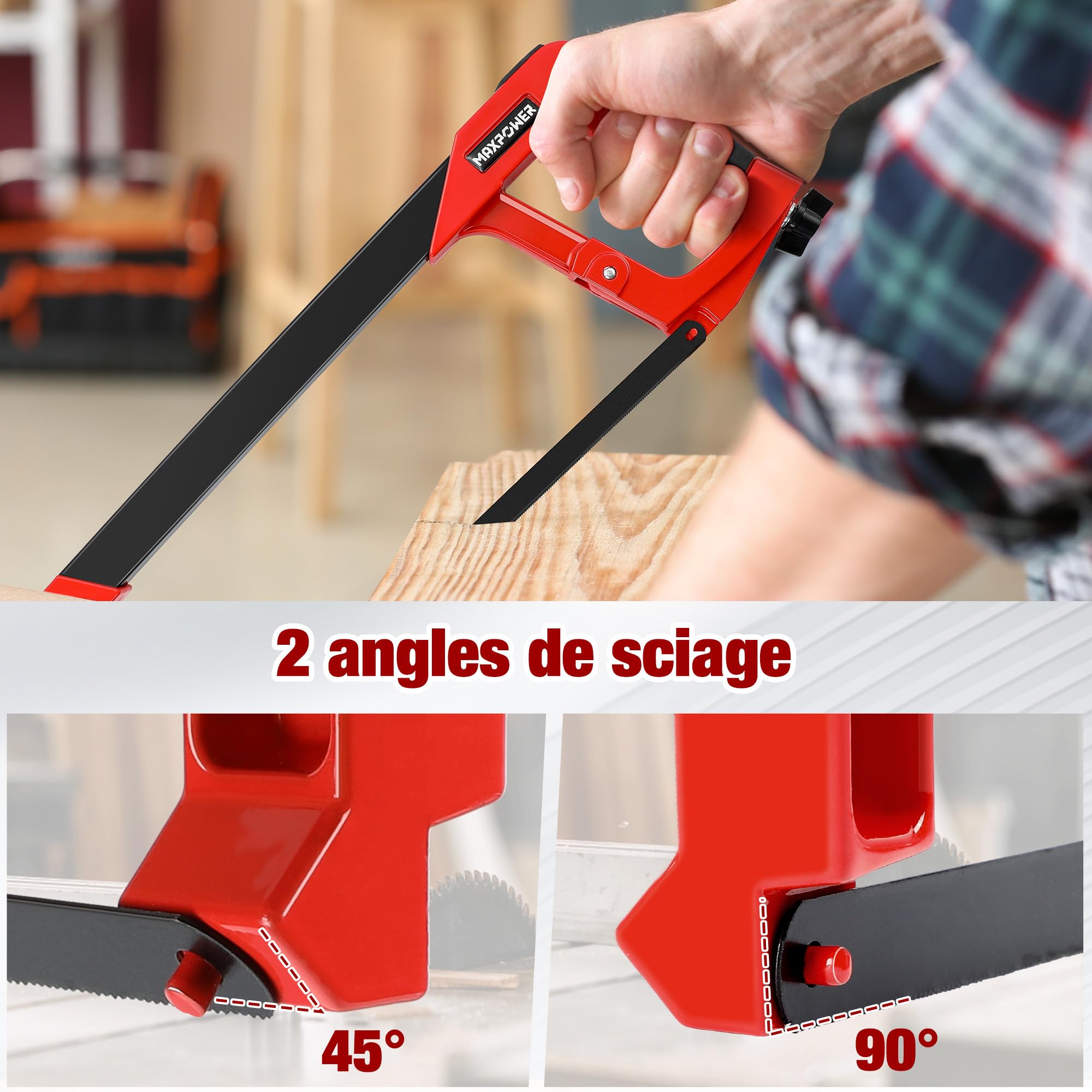 MAXPOWER Scie à Métaux 300 mm, Scie à Main avec 10 Lames de Rechange, 45°/90°, Métal, Bois, Acier, Tuyau PVC, Plastique, Professionnelle