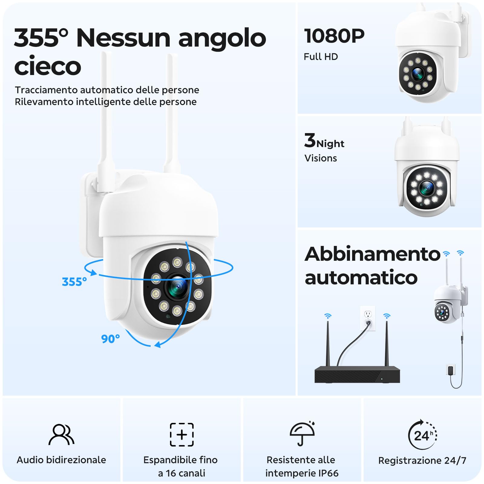 CAMCAMP kit videosorveglianza wifi telecamere da esterno videocamera sorveglianza, 360 gradi PTZ 16CH NVR con 500GB 2.4G& 5G wi-fi Vision Nocturne Couleur, AI Détection de Personne Enregistrement 24/7