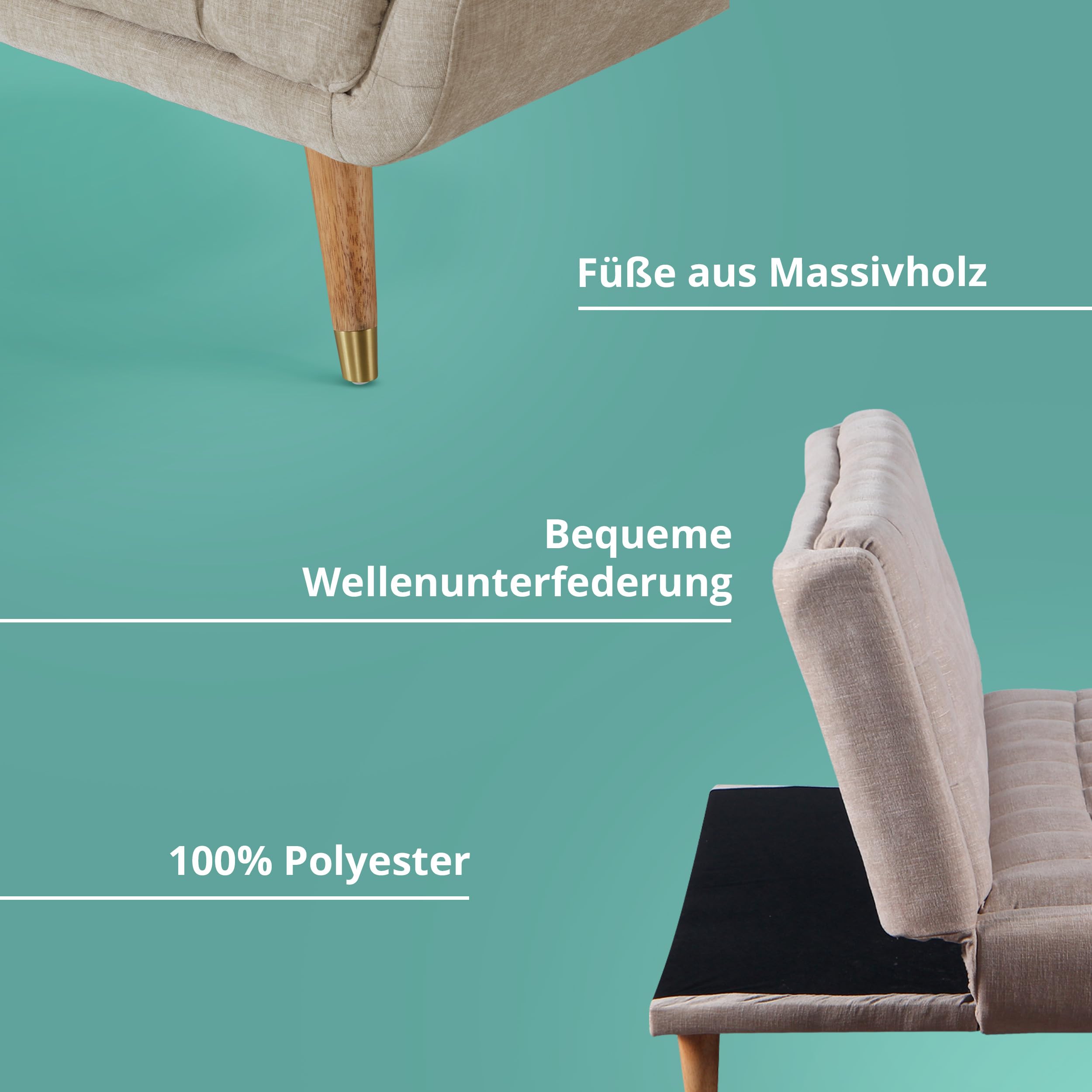 KHG Schlafsofa Beige Flachgewebe, Couch klappbar, große Liegefläche Wellenunterfederung, Massivholz 200 kg belastbar, 182x85x100 cm