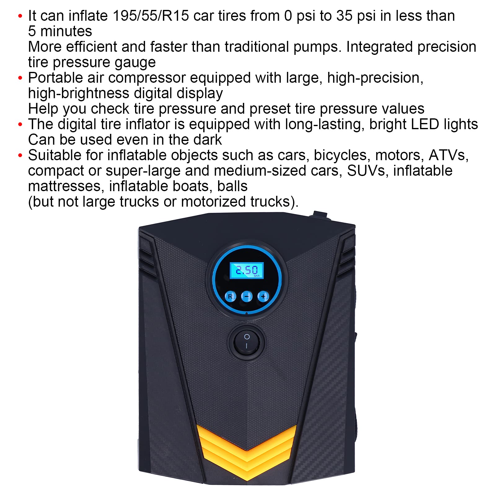 Compressore Gonfia Pneumatici 120W con Display Digitale e Luce LED Gonfiatore Portatile Automatico per Auto Bicicletta e Moto 12V