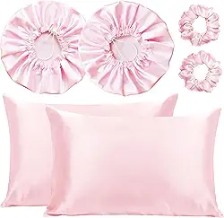 Kit 2 Fronha De Cetim Seda + 2 Toucas + 2 Xuxinhas (Rosa-claro)