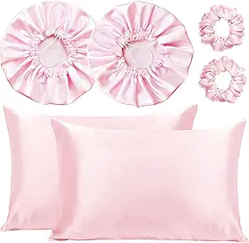 Kit 2 Fronha De Cetim Seda + 2 Toucas + 2 Xuxinhas (Rosa-claro)