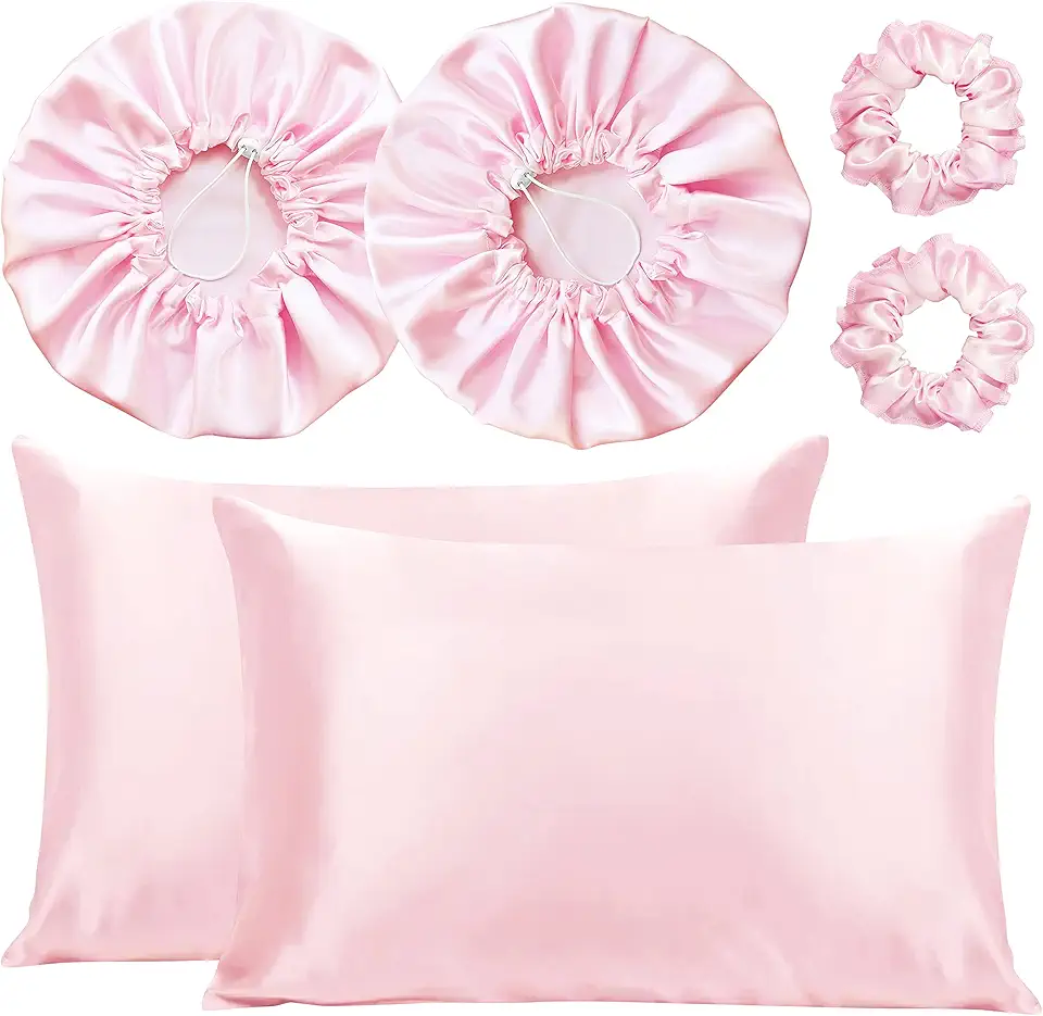 Kit 2 Fronha De Cetim Seda + 2 Toucas + 2 Xuxinhas (Rosa-claro)