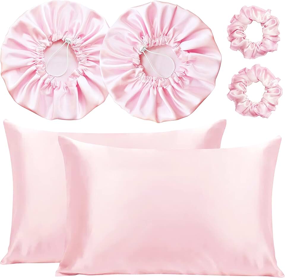 Kit 2 Fronha De Cetim Seda + 2 Toucas + 2 Xuxinhas (Rosa-claro)