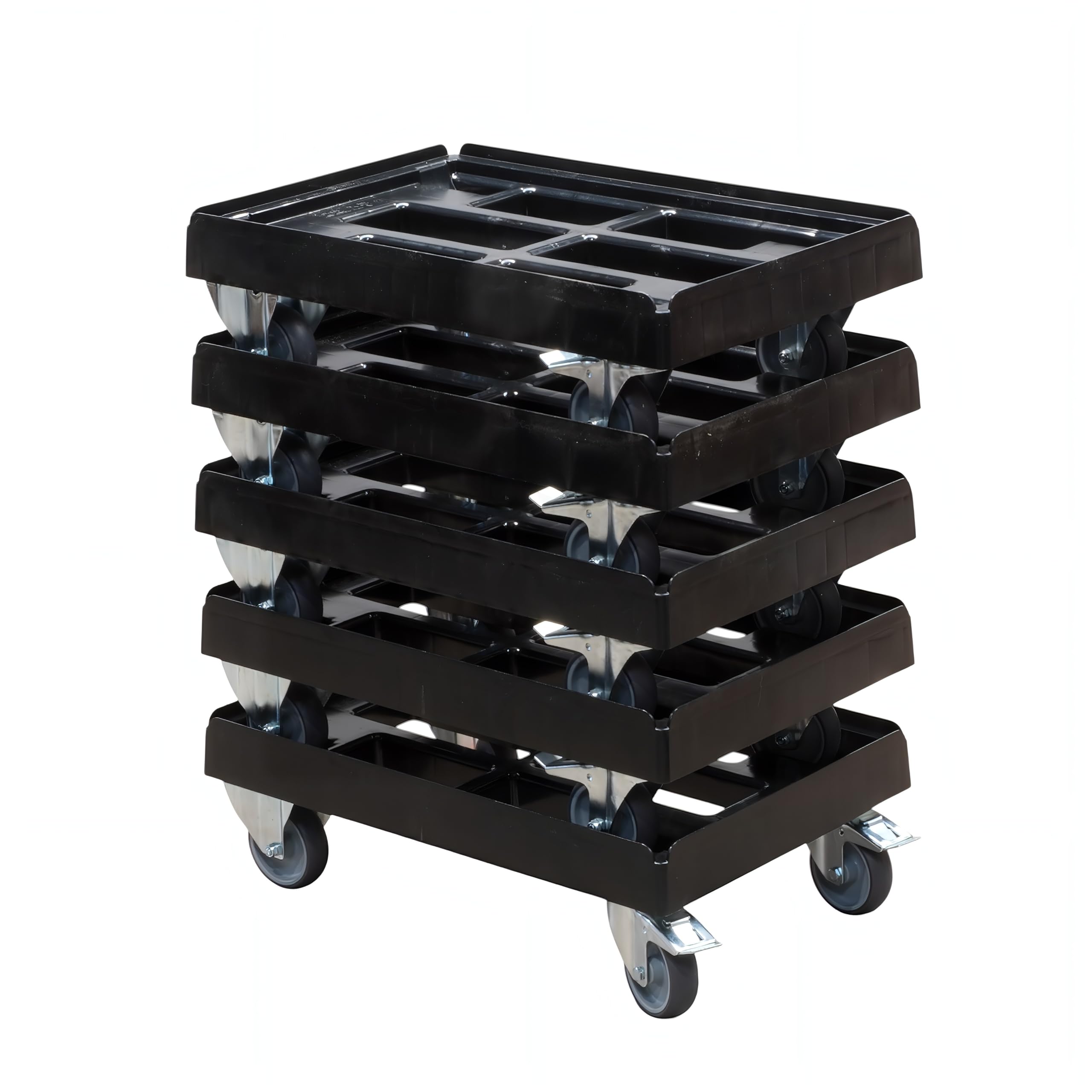 5 Stück Transportroller für Kisten 60 x 40 cm mit 2 Bockrollen und 2 Bremsen in schwarz