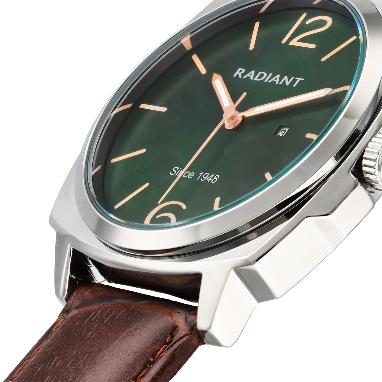 Radiant - Męski analogowy zegarek kwarcowy, stal nierdzewna, koperta 42 mm, skórzany pasek, normalna klamra, bateria w zestawie, kolor srebrny i szary, 5 ATM