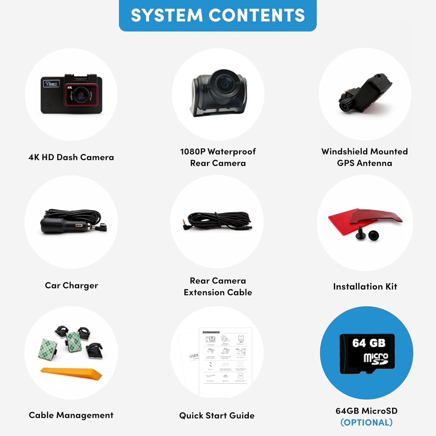 FalconEye Electronics Dual Pinnacle Pro 4K Dash Cam with GPS (Dash Cam + 64GB)
