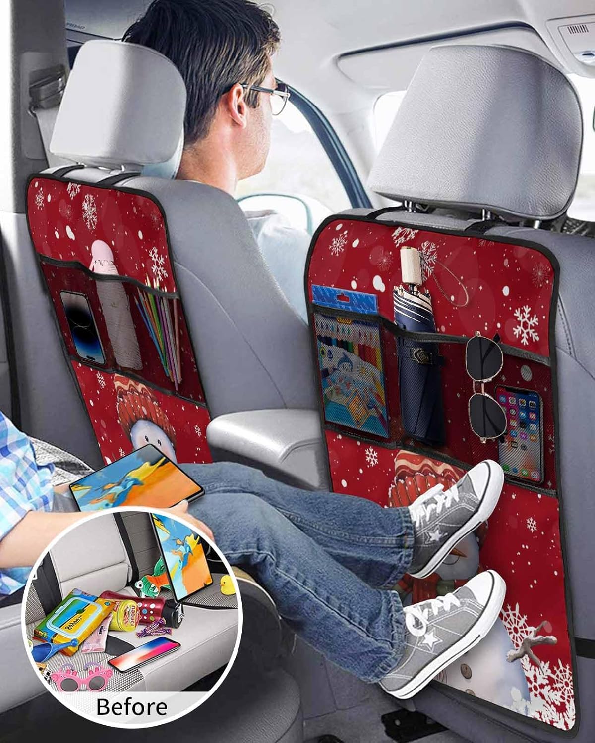 Car Seat Protector, 2 Pack Kick Mats with Organizer - 3 Pocket Storage, Red Christmas Snowman with Cap Xmas Tree Snowflake Back Seat Cover for Kids Universal Fit Automotive Interior Protectors