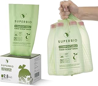 SUPERBIO 2.6 Gallon Compostable Food Waste Bags, 100 Count, 1 Pack, Flat Top Food Scrap Bags, ASTM D6400,Certified by BPI and OK compost INDUSTRIAL,9.84L