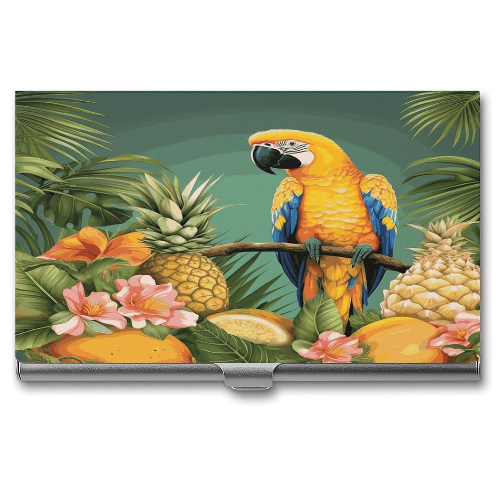 LDGSUPH Summer Parrot Pineapple Bird Business Card Holder Fashion Slim Name Card Holder Minimalist Design Case Metal Card Carrier Personalized Business Card Case with Flip for Men Women