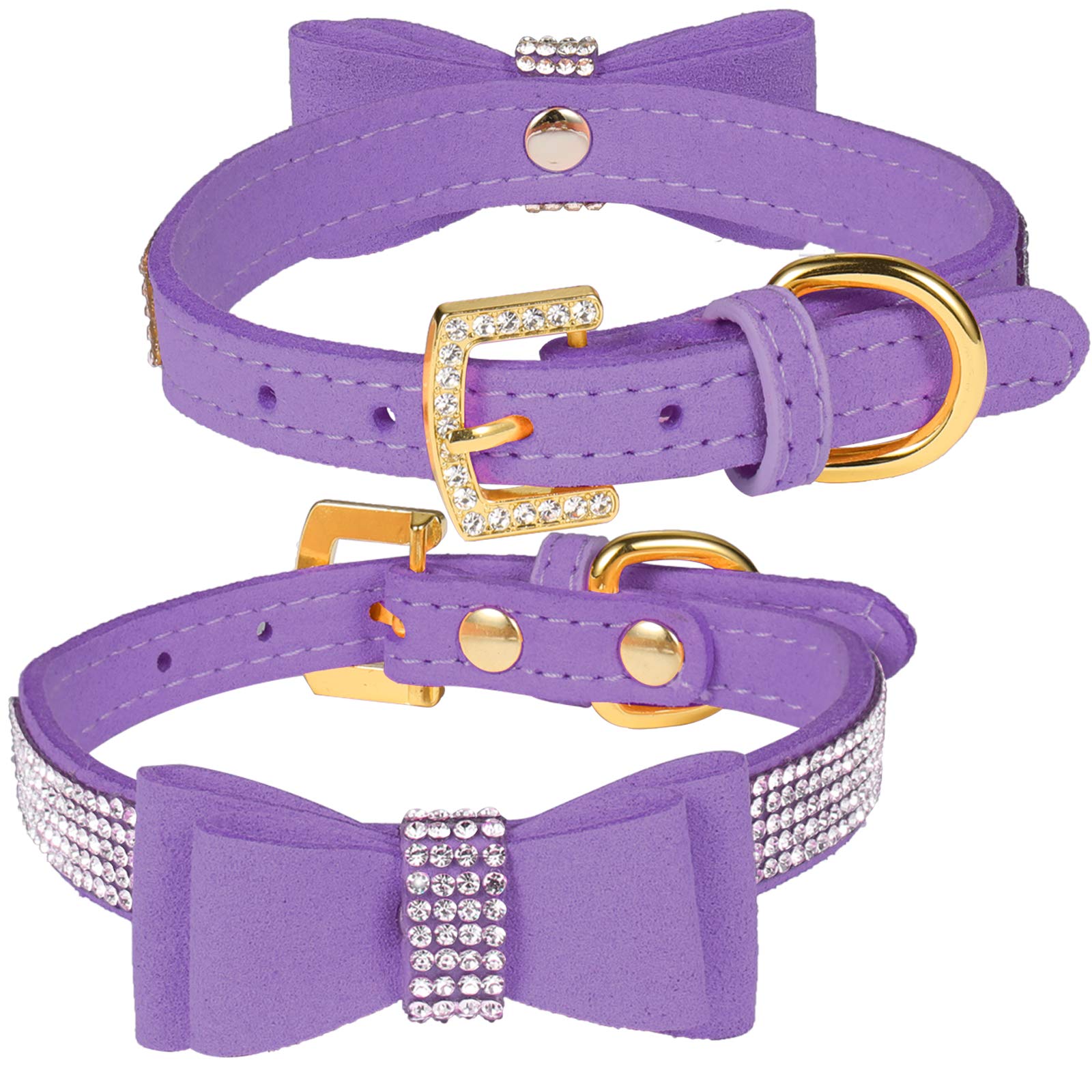 LOVPE Crystal Dog Collar/Cat Collar Velvet Leather with Bow-Knot Tie Rhinestone Puppy/Kitten Collars for Small Dogs & Cats (XS(Neck for:8-10 Inch), Purple)