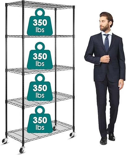 WDT Estantería de 5 estantes con ruedas giratorias estante de metal resistente ajustable para almacenamiento de alambre para oficina en casa garaje