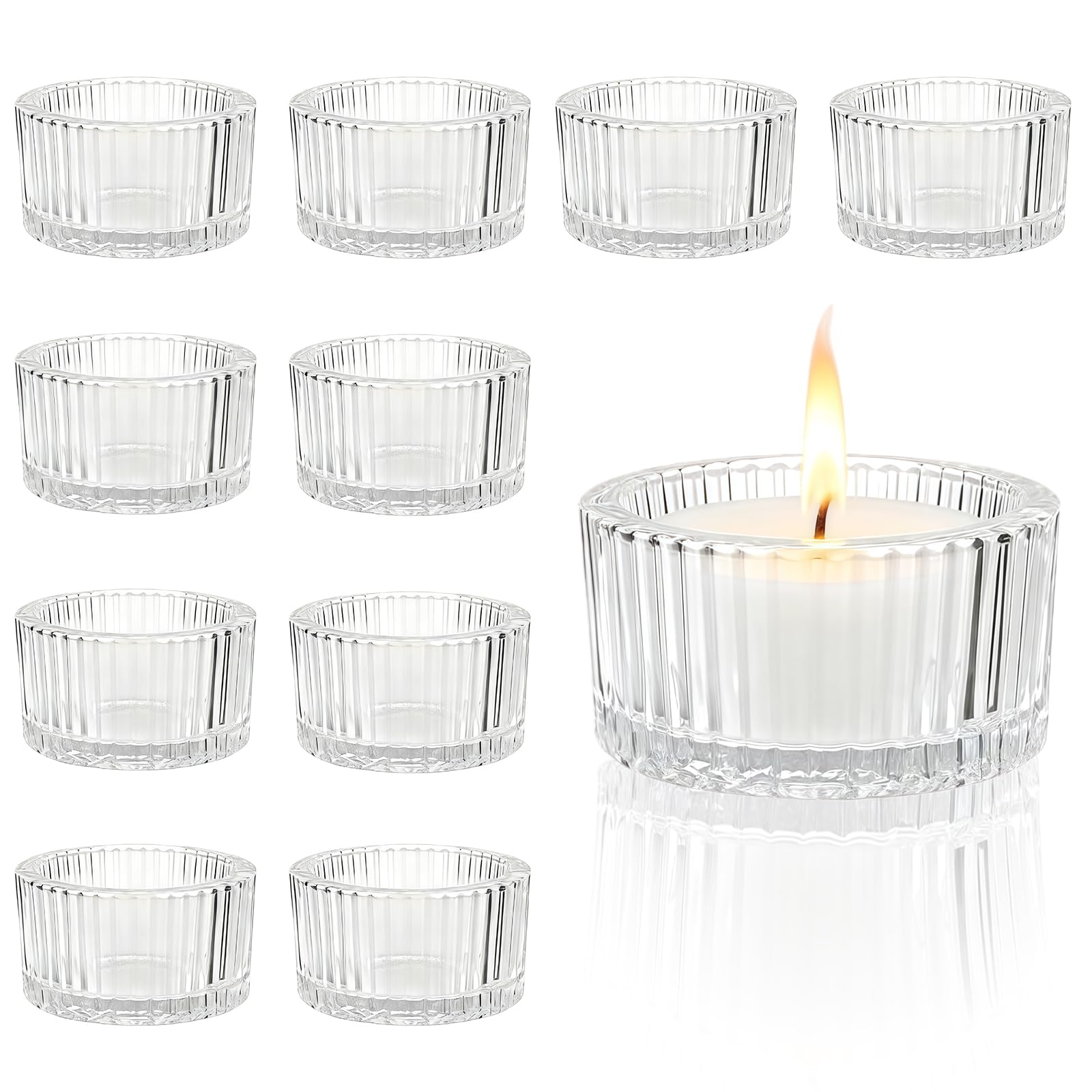 Meetoz Transparent Tea Light Candle Holders, 12Pcs Clear Ribbed Glass Tea Light Candle Holders 5.5Cm X 3.5Cm Tealight Holders, For Table Centrepiece, Weddings, Birthday Party, Dinners, Festivals, Christmas Home Decor