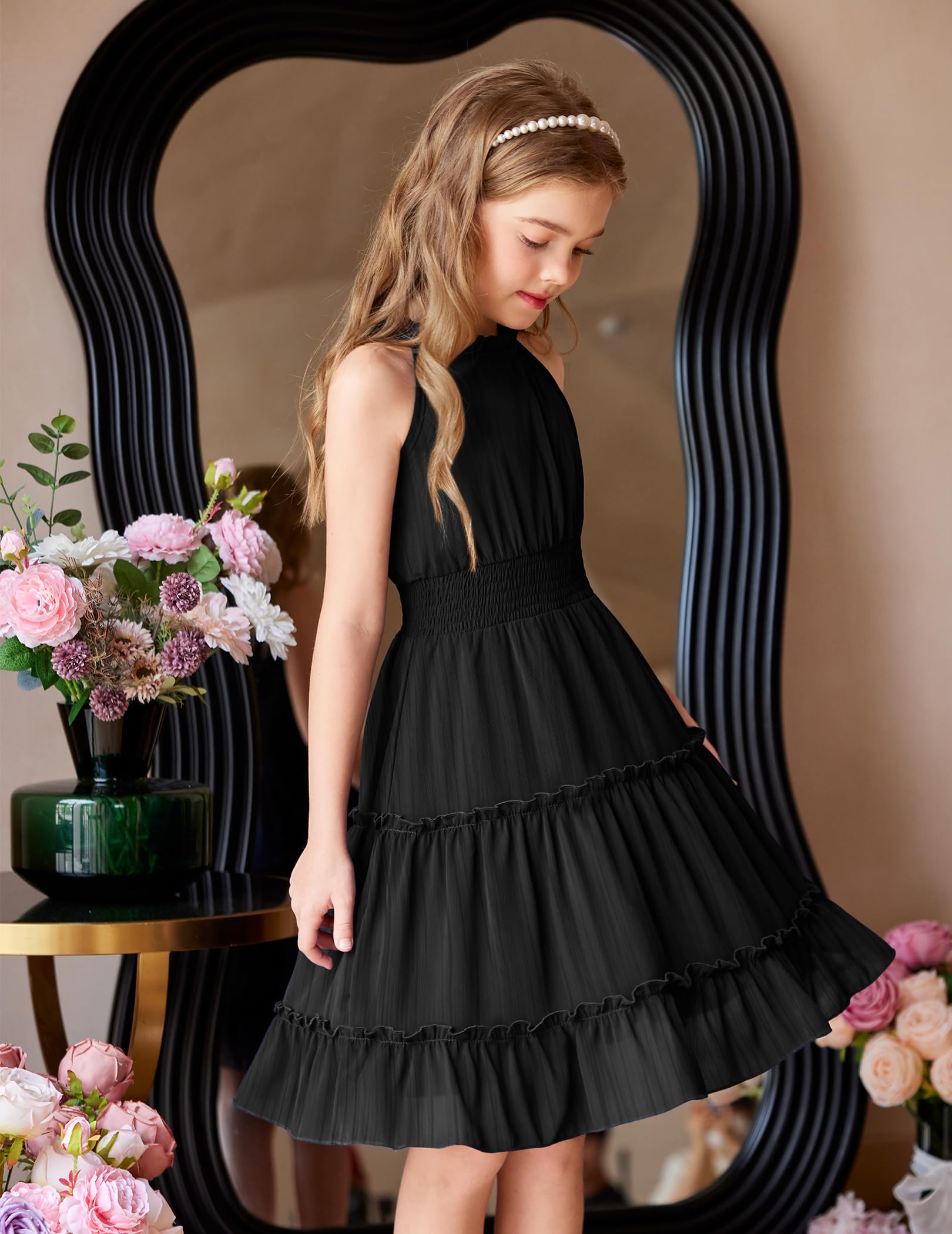 Arshiner Robe Filles été sans Manches Fête Enfants Robes Cérémonie Robe Légère Mousseline épaules Dénudées Midi Décontractée Trapèze Robes de Soirée éLégante pour Filles 6-13 Ans