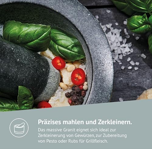 Foto von Diemker Premium Granit Mörser mit Stößel, Ø 14 cm, abnehmbarer Holzfuß, Holzlöffel und Reinigungsbürste im Set – Gewürzmörser, Groß, Moerser, Stein Moerser, Grillzubehör, Mortar, Pestle, Pesto, Nüsse