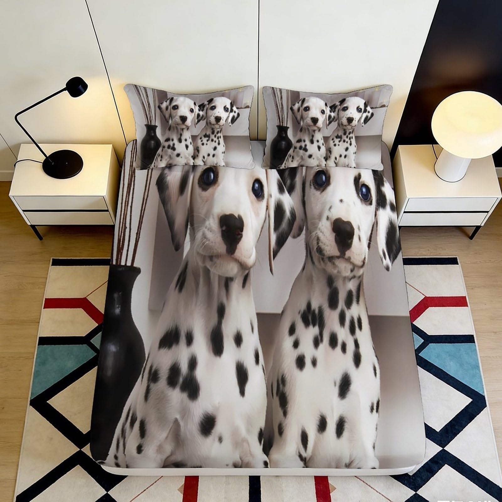 3D Printed Dalmatian Dog Fitted Sheet Microfiber Soft Anti-Slip Bedroom Decor Black White Puppy Mattress Cover 200x200x25cm